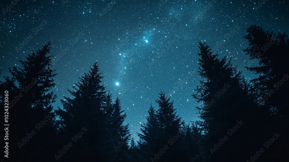 Naklejka premium Starry winter solstice night sky over a forest in a remote location