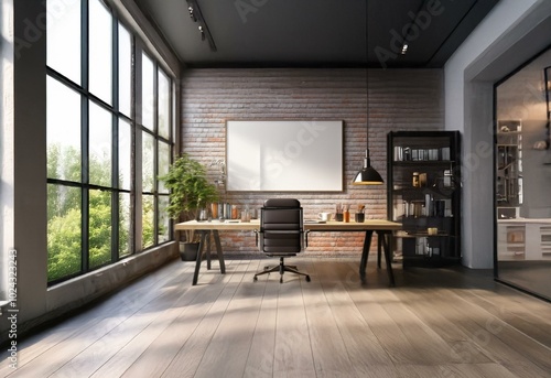 Wallpaper Mural A modern office with a large window, a brick wall, a desk, a chair, and a bookcase. Torontodigital.ca