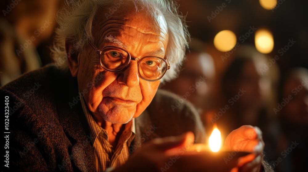 An elderly man with glasses holds a lit candle in his hands, looking intensely at the camera in a dimly lit room. An elderly man with glasses holds a lit candle in his hands, looking intensely at the camera in a dimly lit room.
