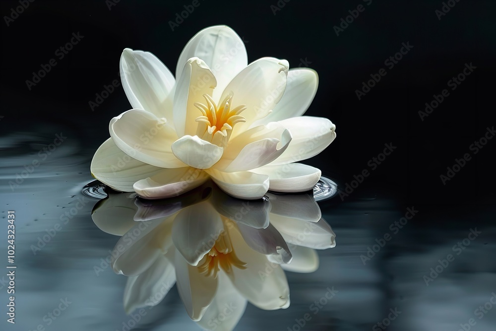 Fototapeta premium an image featuring a close-up of a white flower on a black backdrop, with the blossom's reflection visible in the forefront, Generative AI.