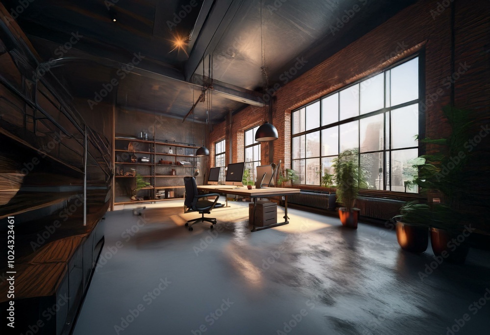 A modern, industrial office space with a large window overlooking a city skyline, featuring a sleek desk with a black leather office chair, a bookcase, and potted plants. A modern, industrial office space with a large window overlooking a city skyline, featuring a sleek desk with a black leather office chair, a bookcase, and potted plants.
