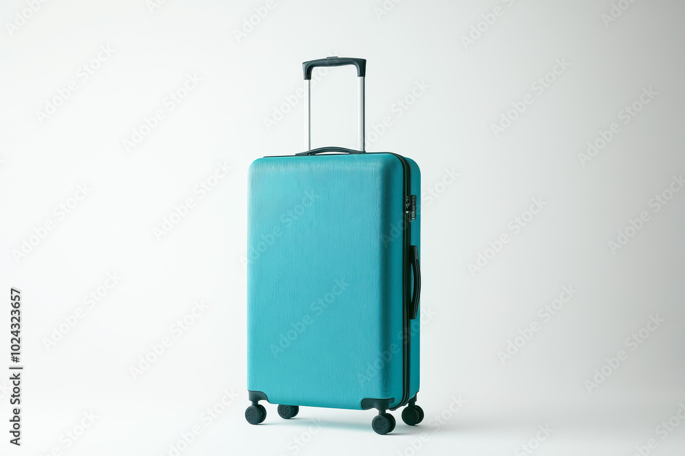 A sleek teal hard-shell suitcase standing upright against a stark white background A sleek teal hard-shell suitcase standing upright against a stark white background