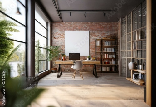 Wallpaper Mural A modern home office space with a wooden desk, a white chair, and a large window. Torontodigital.ca