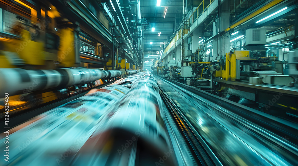 A dynamic photo of an industrial printing press in motion, showcasing the intricate machinery and technology involved in high-volume printing. The image captures the precision and efficiency of the pr A dynamic photo of an industrial printing press in motion, showcasing the intricate machinery and technology involved in high-volume printing. The image captures the precision and efficiency of the pr