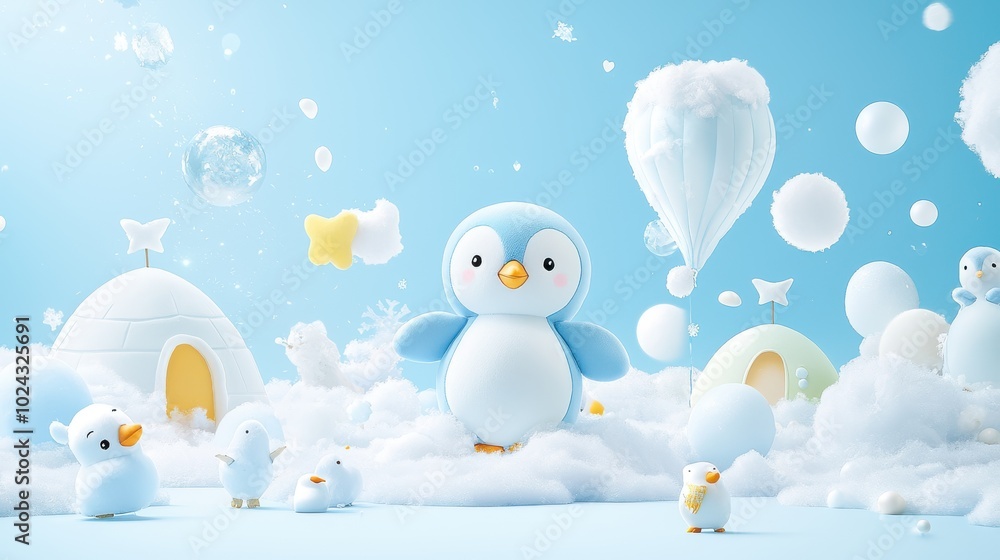A blue soft sculpture of a cute penguin in a cartoon arctic scene, surrounded by snow, igloos, and friendly plush animals