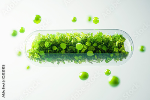 A translucent green capsule filled with small, leafy particles, floating weightlessly against photo