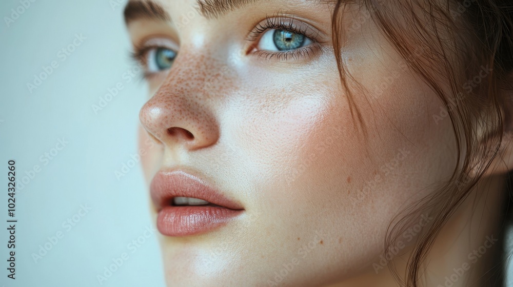 Half face of a woman, white background, luxurious lip mask application, subtle rosy cheeks, ethereal glow, charming and simple design. Half face of a woman, white background, luxurious lip mask application, subtle rosy cheeks, ethereal glow, charming and simple design.