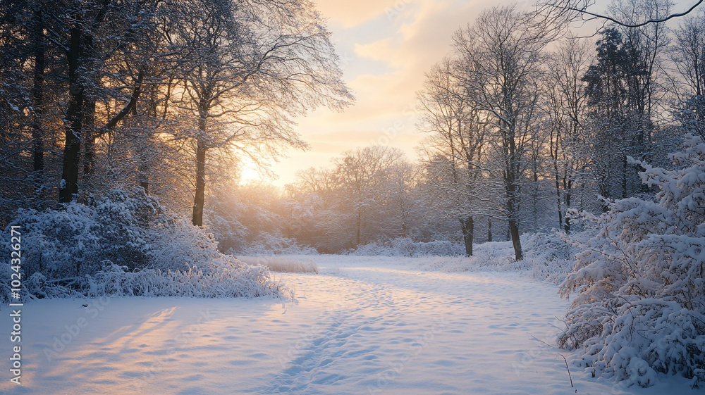 A serene winter solstice morning with snow-covered trees and soft sunlight in a peaceful forest A serene winter solstice morning with snow-covered trees and soft sunlight in a peaceful forest