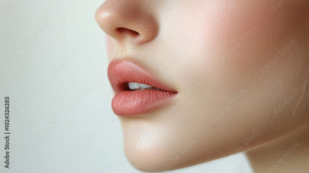 Obraz premium Half face of a woman, white background, luxurious lip mask application, subtle rosy cheeks, ethereal glow, charming and simple design.