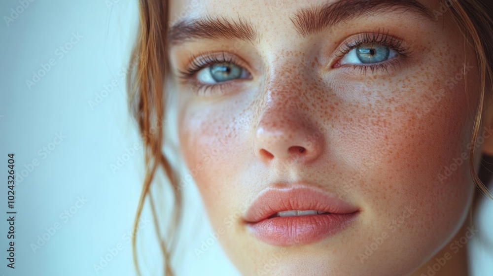 Half face of a woman, white background, soothing lip treatment with a hint of shimmer, glowing cheeks, elegant and fresh design. Half face of a woman, white background, soothing lip treatment with a hint of shimmer, glowing cheeks, elegant and fresh design.