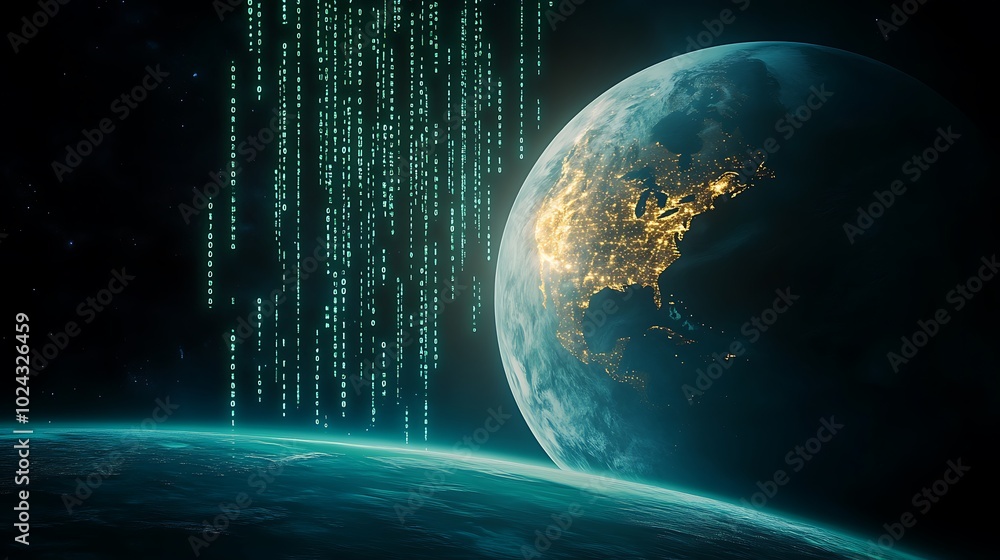 Fototapeta premium Digital World Overlaid with Binary Code: The planet Earth, seen from space, is overlaid with falling streams of binary code