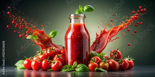 A bottle of tomato juice with a splash of red liquid and fresh tomatoes and basil leaves