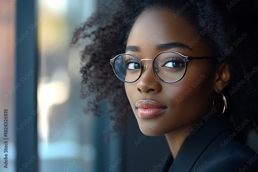 Close-up photo of a young African-American woman in a business suit and glasses in the office, looking to the side with a smile Close-up photo of a young African-American woman in a business suit and glasses in the office, looking to the side with a smile