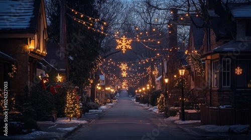 A beautifully lit street with homes decorated for Christmas, featuring a magical glow of holiday lights reflecting the spirit of the season.