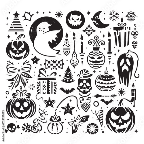  Halloween clip art assortment including jack-o'-lanterns, cobwebs, and playful ghosts for festive designs.