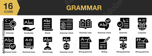 Grammar solid icon set. Includes vocabulary, worlds, writing, grammar, and More. Solid icons vector collection.