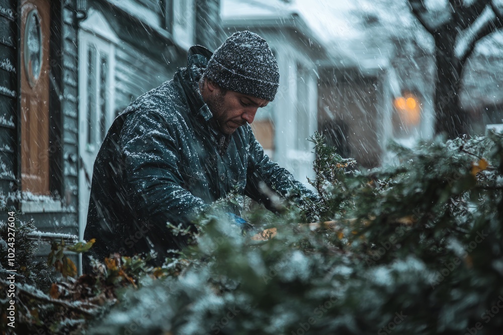Person cleaning up their yard to remove potential projectiles, making sure everything is secured before the storm arrives Person cleaning up their yard to remove potential projectiles, making sure everything is secured before the storm arrives