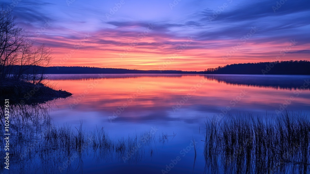 A calm, reflective lake under the glowing colors of the setting sun, with a panoramic view of nature and serenity. A calm, reflective lake under the glowing colors of the setting sun, with a panoramic view of nature and serenity.