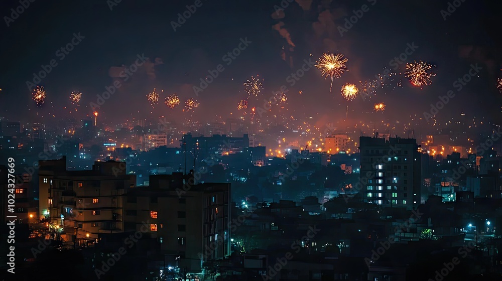 A city skyline lit up with fireworks and festive lights, capturing the vibrancy of Diwali night. A city skyline lit up with fireworks and festive lights, capturing the vibrancy of Diwali night.