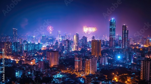 A city skyline lit up with fireworks and festive lights, capturing the vibrancy of Diwali night.