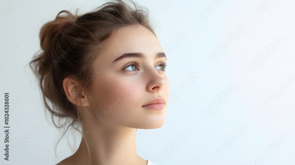 69. A young woman with an expression of longing, gazing off into the distance, against a clean white backdrop. 69. A young woman with an expression of longing, gazing off into the distance, against a clean white backdrop.