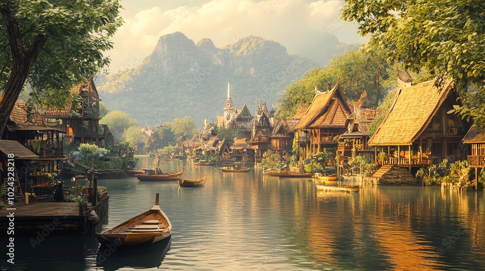 Naklejka premium A peaceful village nestled in a valley with a river running through it.