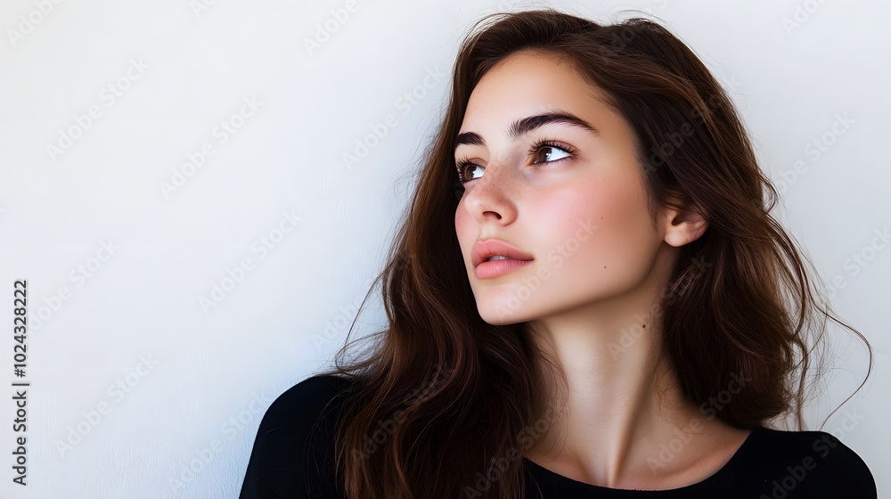 69. A young woman with an expression of longing, gazing off into the distance, against a clean white backdrop. 69. A young woman with an expression of longing, gazing off into the distance, against a clean white backdrop.