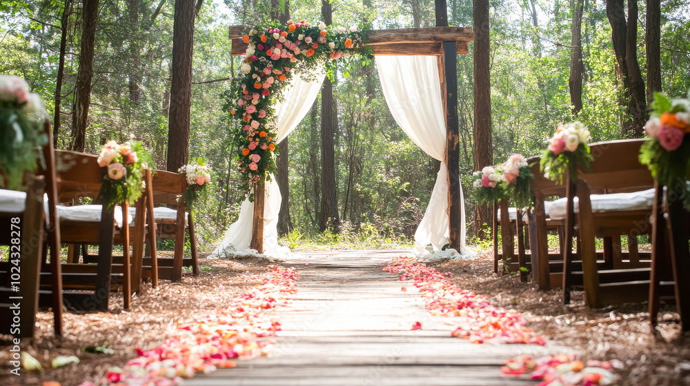 Obraz premium A whimsical forest wedding ceremony with a rustic floral archway draped in white fabric