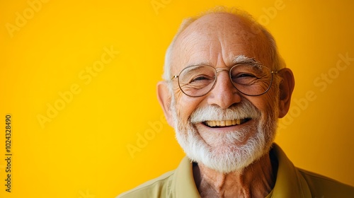 70. An elderly man with a hearty laugh, eyes crinkling with joy, against a bright yellow background.