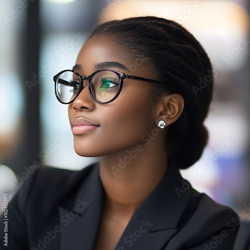  Close-up photo of a young African-American woman in a business suit and glasses in the office, looking to the side with a smile 