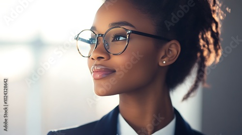  Close-up photo of a young African-American woman in a business suit and glasses in the office, looking to the side with a smile 