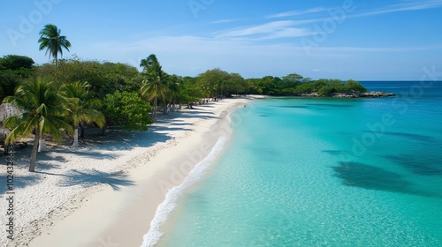 A pristine white sand beach lined with palm trees and turquoise water. photo