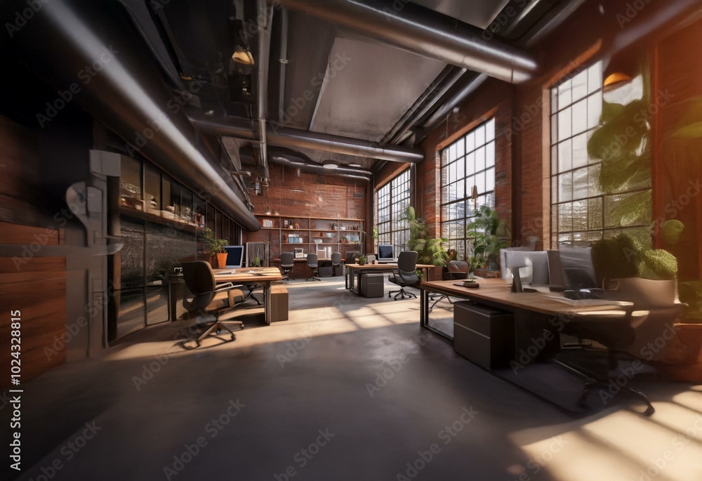 Modern office space with exposed brick walls, large windows, and industrial-style pipes. Modern office space with exposed brick walls, large windows, and industrial-style pipes.