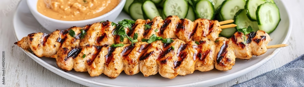 Skewers of grilled chicken satay with peanut sauce, served with cucumber relish, grilled chicken satay, Thai appetizer Skewers of grilled chicken satay with peanut sauce, served with cucumber relish, grilled chicken satay, Thai appetizer