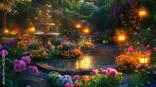 A magical garden with a stone fountain, a pond, blooming flowers, and twinkling lanterns.