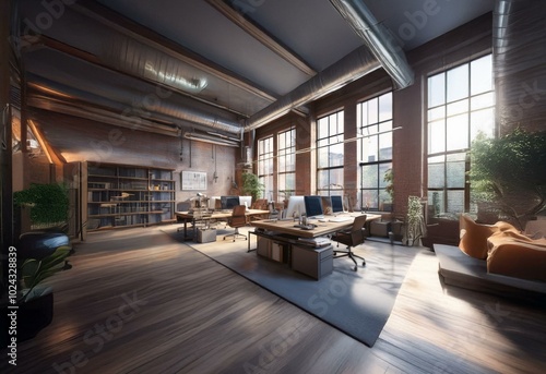 A modern office with exposed brick walls  large windows  wooden floors  and industrial style ductwork.
