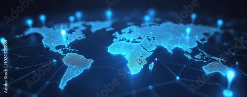 Abstract digital map with glowing location pins on a blue background, an AI and technology concept

