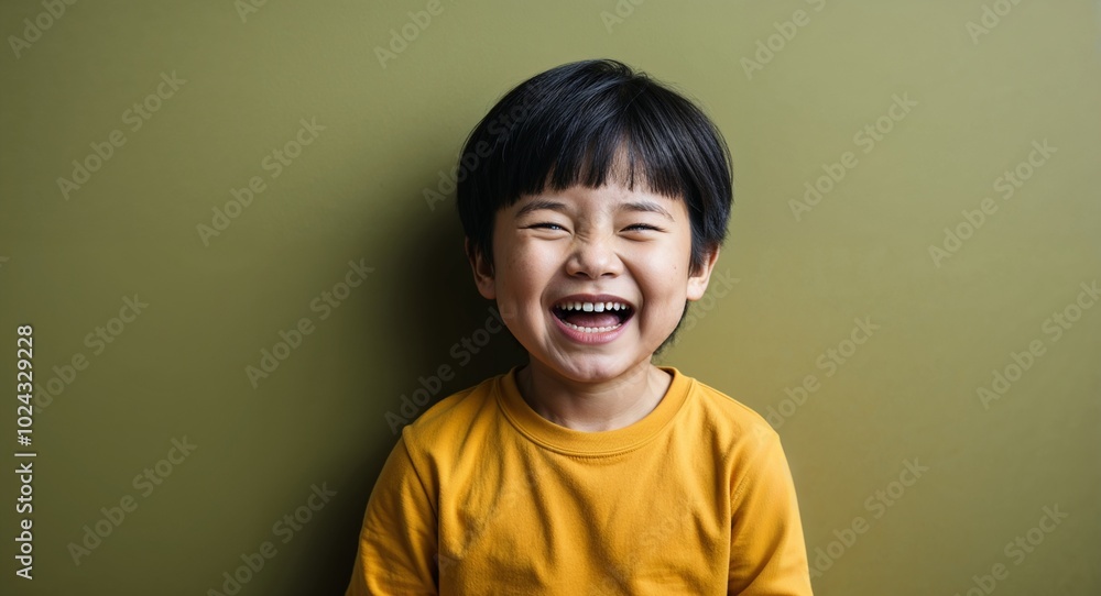 Child Asian boy with angular face and straight black hair surprised warm yellow background Child Asian boy with angular face and straight black hair surprised warm yellow background