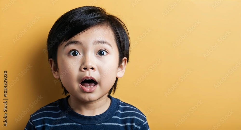 Child Asian boy with angular face and straight black hair surprised warm yellow background Child Asian boy with angular face and straight black hair surprised warm yellow background
