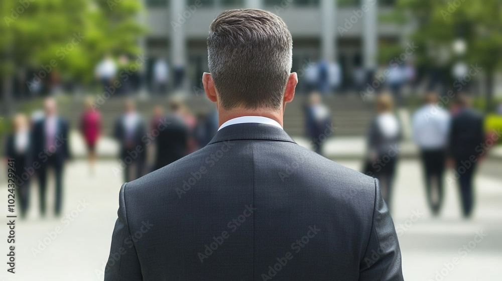 Businessman in suit walking towards building. Photo from behind. There are people ahead Businessman in suit walking towards building. Photo from behind. There are people ahead