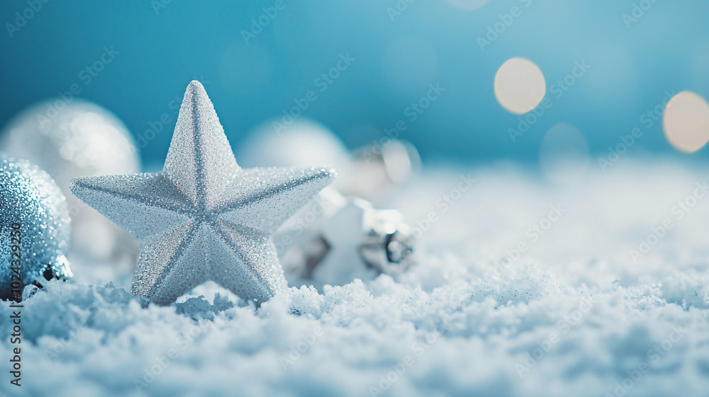 Sparkling silver star ornament on snow-covered ground with Christmas decorations in winter Sparkling silver star ornament on snow-covered ground with Christmas decorations in winter