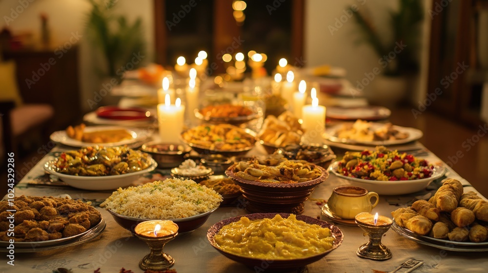 A festive Diwali dinner table set with traditional Indian dishes, sweets, and candles, ready to be enjoyed by family and friends. A festive Diwali dinner table set with traditional Indian dishes, sweets, and candles, ready to be enjoyed by family and friends.