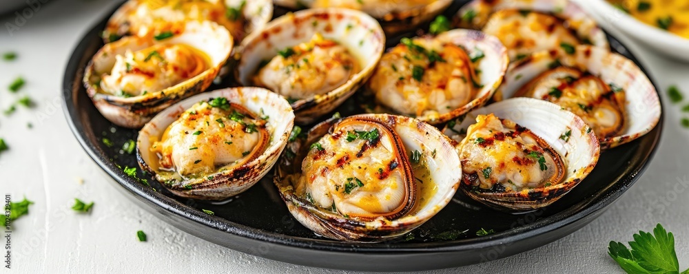 Grilled clams served with a garlic and parsley butter sauce, grilled clams, seafood appetizer Grilled clams served with a garlic and parsley butter sauce, grilled clams, seafood appetizer