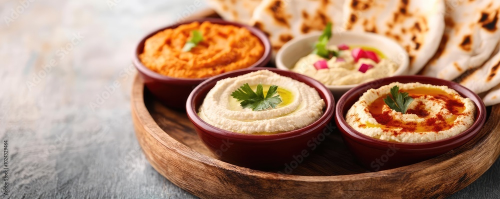 Grilled pita bread served with a variety of dips, including hummus and baba ganoush, grilled pita, Mediterranean appetizer Grilled pita bread served with a variety of dips, including hummus and baba ganoush, grilled pita, Mediterranean appetizer
