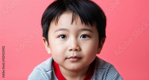 Child Asian boy with small nose and straight black hair relaxed soft pink background