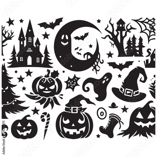  Halloween clip art assortment including jack-o'-lanterns, cobwebs, and playful ghosts for festive designs.