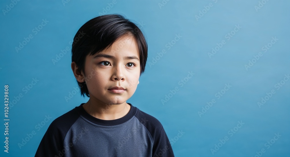 Child Latino boy with defined jawline and straight black hair focused pale blue background Child Latino boy with defined jawline and straight black hair focused pale blue background