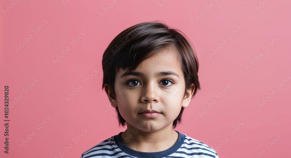 Child Latino boy with small nose and straight brown hair focused light pink background Child Latino boy with small nose and straight brown hair focused light pink background