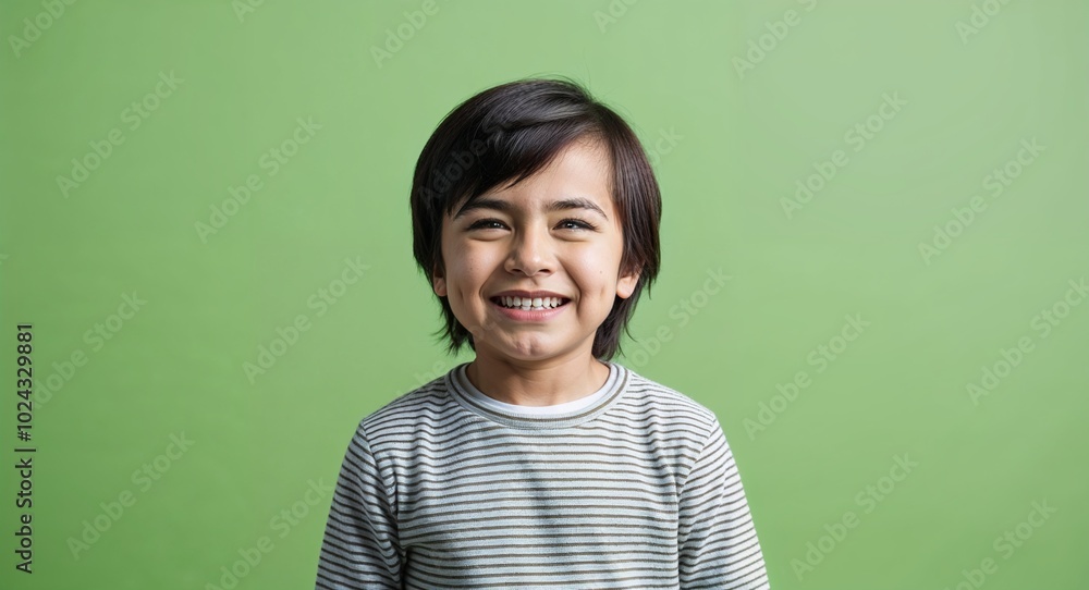 Child Latino boy with soft features and straight brown hair smirking pale green background Child Latino boy with soft features and straight brown hair smirking pale green background