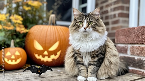 A fluffy cat sitting beside carved pumpkins and bats, blending Halloween charm with feline cuteness.